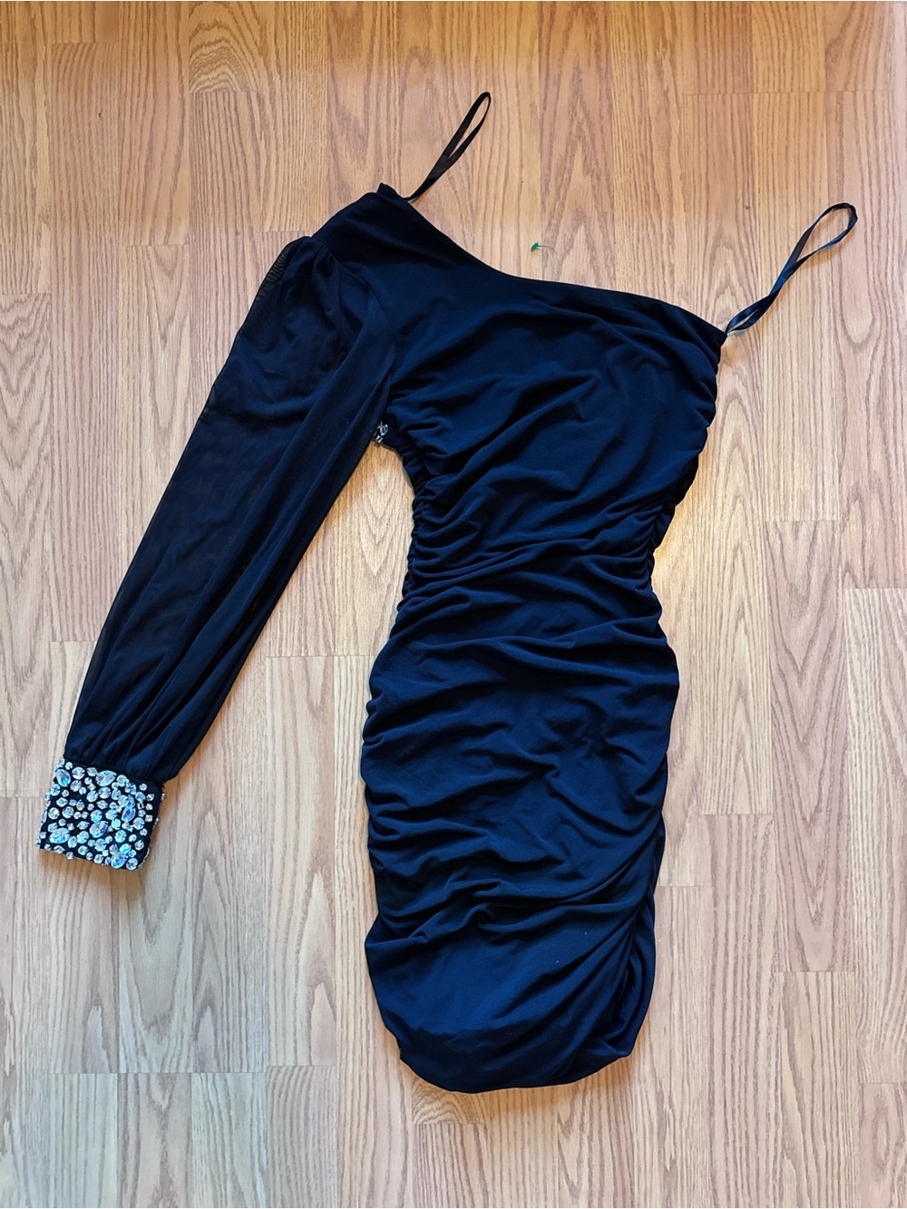 Black One-Shoulder Ruched Rhinestone Dress Size S - Picture 2 of 2